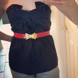 Strapless fit and flare top.
